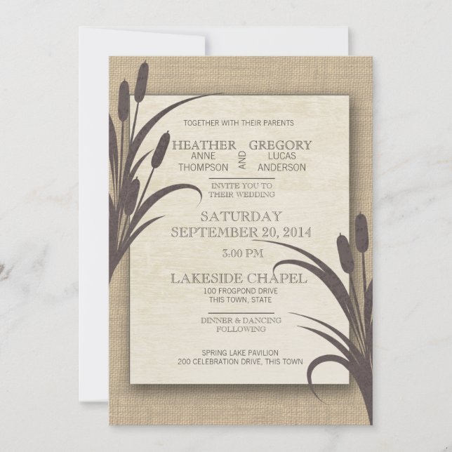 Convites Cattails Rustic Lake Wedding (Frente)