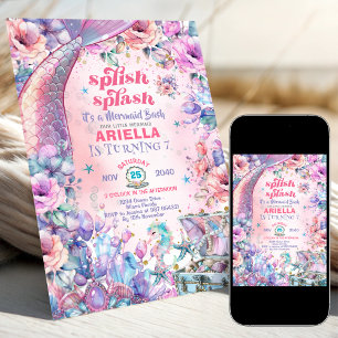 Convites Cauda de sereia brilhante de flores para 7º aniver