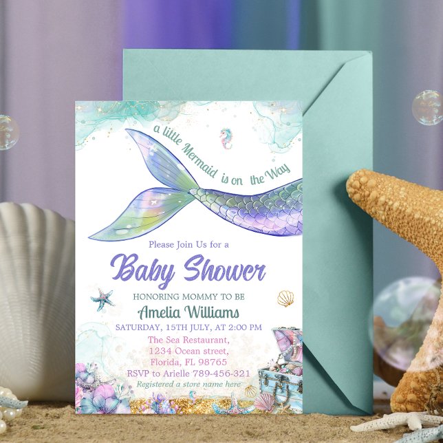Convites Cauda de Sereia Menina Bebê Roxo Azul Pastel (Criador carregado)