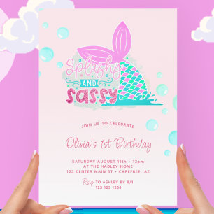 Convites Cauda de Sereia Rosa Arco-íris 1º Aniversário