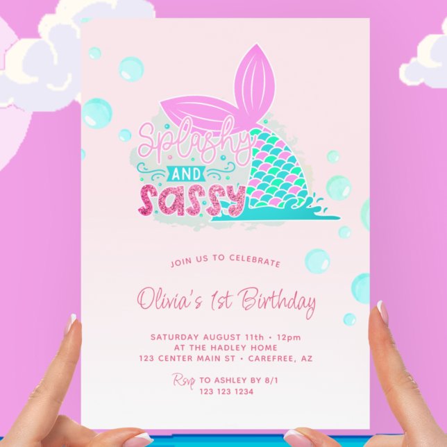 Convites Cauda de Sereia Rosa Arco-íris 1º Aniversário (Criador carregado)
