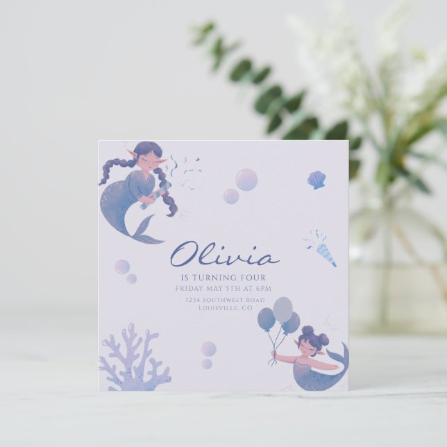 Convites Cauda de sereia roxa azul de aniversário sob o mar (Em pé/Frente)