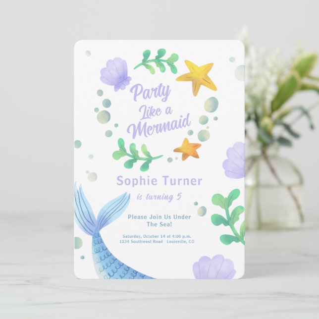 Convites Cauda de Sereia Roxa Sob o Mar de Aniversário (Em pé/Frente)