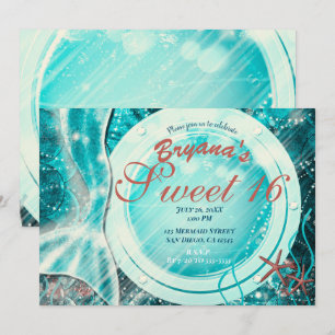 Convites Cauda de Sereia Sob o Mar Doce 16 Aniversário Azul