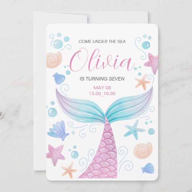 Convites Cauda de Sereia Sob o Mar Rosa Aniversário  (Frente)