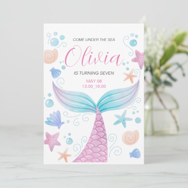 Convites Cauda de Sereia Sob o Mar Rosa Aniversário  (Em pé/Frente)