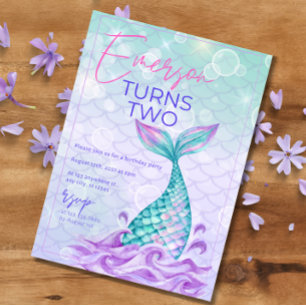 Convites Cauda de Sereia Sob o Mar Roxo Aniversário Meninas
