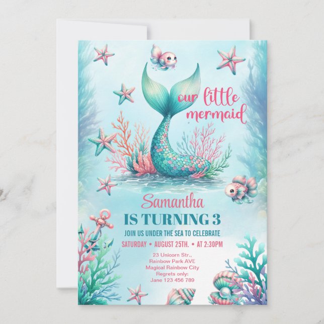 Convites Cauda de sereia turquesa em aquarela elegante de a (Frente)