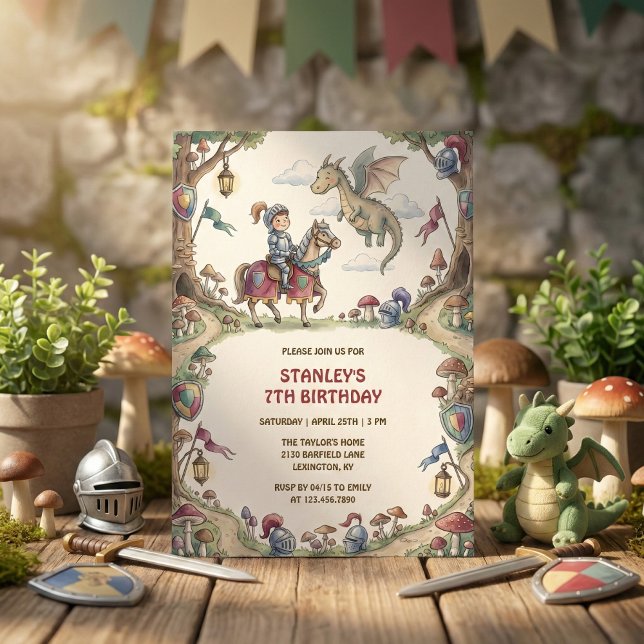 Convites Cavaleiro Aquarela Dragão Conto de Fadas Aniversár (Watercolor Knight Dragon Fairytale Boy Birthday Invitation)