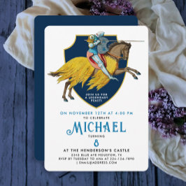 Convites Cavaleiro Armado Medieval Azul Elegante a Cavalo