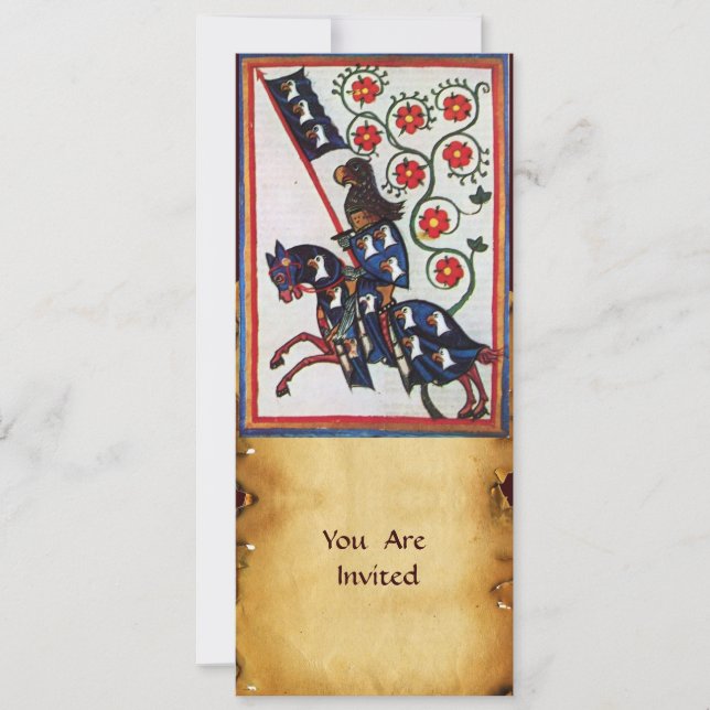 CONVITES CAVALEIRO AZUL EM PÉ SOBRE UM CAVALO PARCHMENTO ME (Frente)