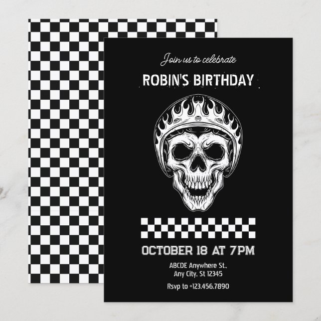 Convites Cavaleiro de motocicleta com caveira no aniversári (Frente/Verso)