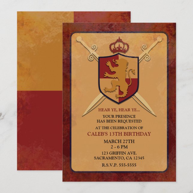 Convites Cavaleiro Real Grifo Escudo Festa Marrom e Dourado (Frente/Verso)
