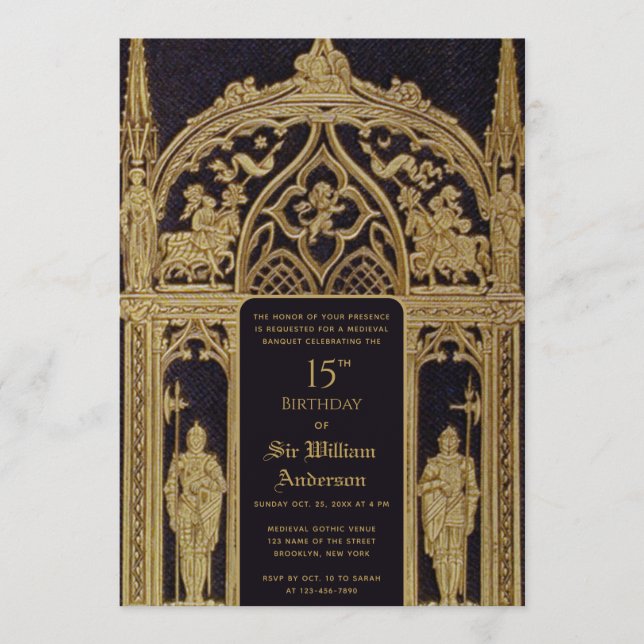 Convites Cavaleiro Tema Medieval Aniversário Preto Dourado  (Frente)