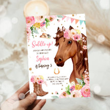 Cavalo Aniversário Convidar Garota Cowgirl Rosa Fl