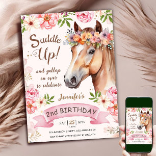 Convites Cavalo Aniversário de 2 anos Flores Rosa Sela