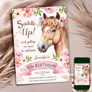 Convites Cavalo Aniversário de 5 anos Flores Rosa Sela
