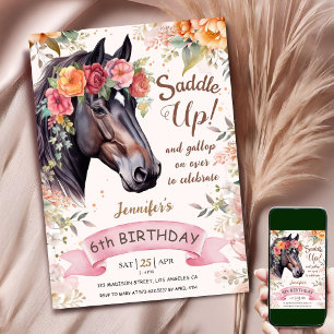 Convites Cavalo Aniversário de 6 anos Cowgirl Rosa Floral S