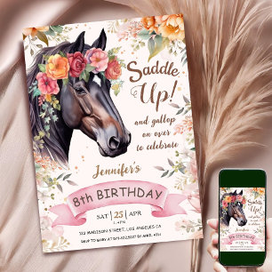 Convites Cavalo Aniversário de 8 anos Cowgirl Rosa Floral S