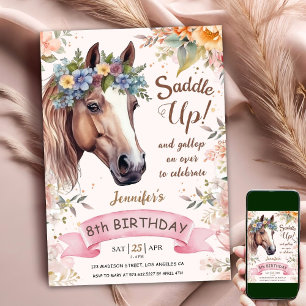 Convites Cavalo Aniversário de 8 anos Floral CowGirl Saddle