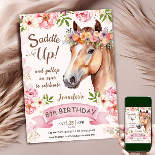 Convites Cavalo Aniversário de 8 anos Flores Rosa Pink Sadd