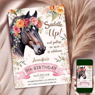 Convites Cavalo Aniversário de 9 anos Cowgirl Rosa Floral S
