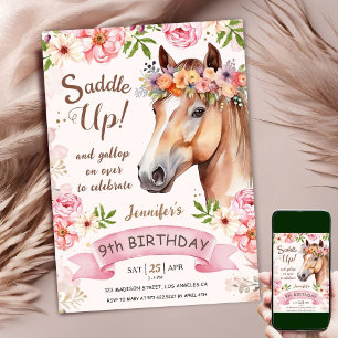 Convites Cavalo Aniversário de 9 anos Flores Rosa Rosa Sela