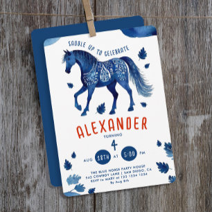 Convites Cavalo Azul Elegante Derby Pônei Cowboy Aquarela