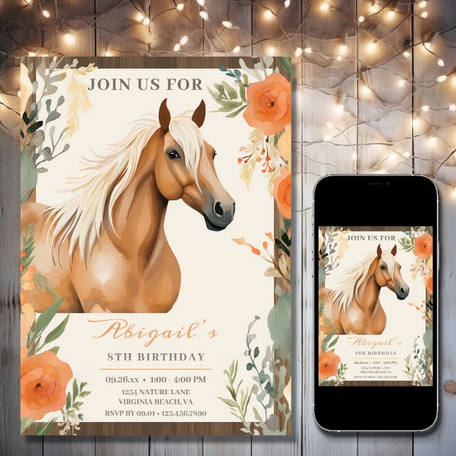 Convites Cavalo bonito e Flores Aniversário (Printed and Digital - Beautiful Horse and Autumn Flowers Fall Birthday Invitation)