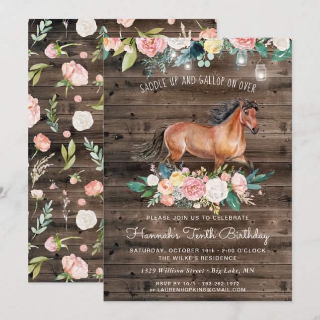 Convites Cavalo Bonito e Flores em Madeira Rústica de Anive (Frente/Verso)