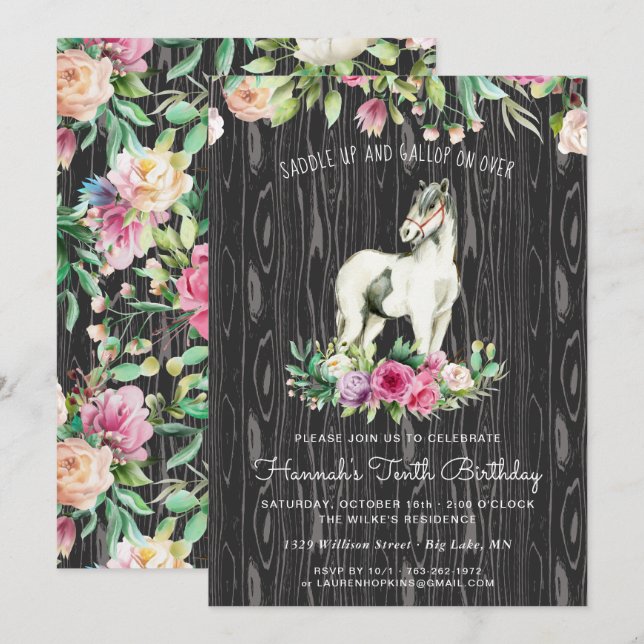 Convites Cavalo Bonito e Flores em Madeira Rústica de Anive (Frente/Verso)