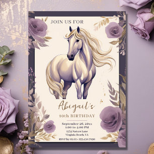 Convites Cavalo bonito e Flores Roxo e Dourado Aniversário