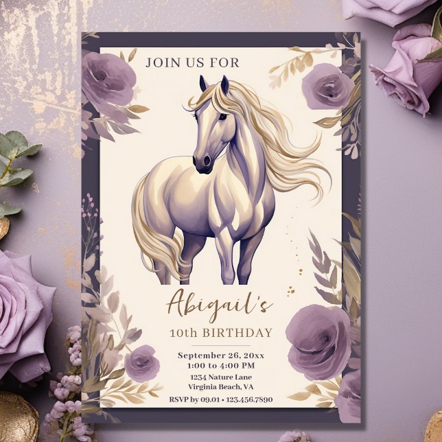 Convites Cavalo bonito e Flores Roxo e Dourado Aniversário (Front - Pretty Horse and Flowers Purple and Gold Birthday Invitation)