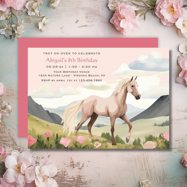 Convites Cavalo bonito, Flores e Montanhas Aniversário (Pretty Horse, Flowers and Mountains Birthday Invitation)