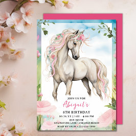 Convites Cavalo Branco bonito e Flores Rosa Aniversário
