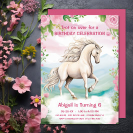 Convites Cavalo Branco bonito e Flores Rosa Aniversário
