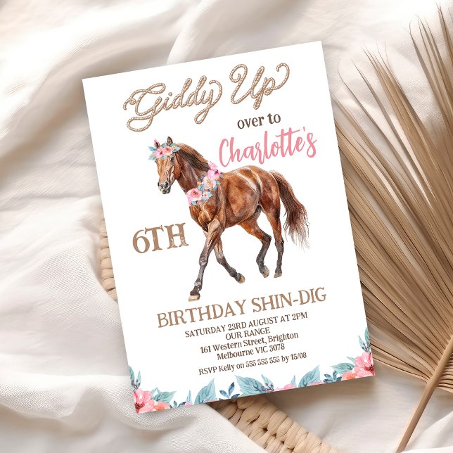 Convites Cavalo Castanho Ocidental Giddy Up Aniversário (Girls Giddy Up Horse Birthday Invitation Gallop Over Horse Birthday Invitation Pony Birthday Invite)