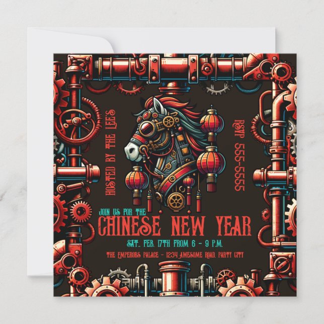 Convites Cavalo de Ano Novo Chinês Steampunk (Frente)