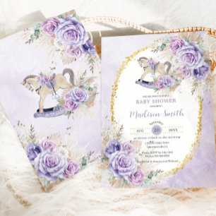 Convites Cavalo de Balanço Bebê Boho Pampas Grama Floral Ro