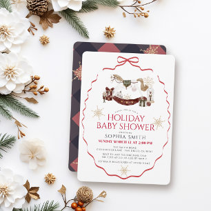 Convites Cavalo de Balanço com Laço Vermelho no Natal Baby 