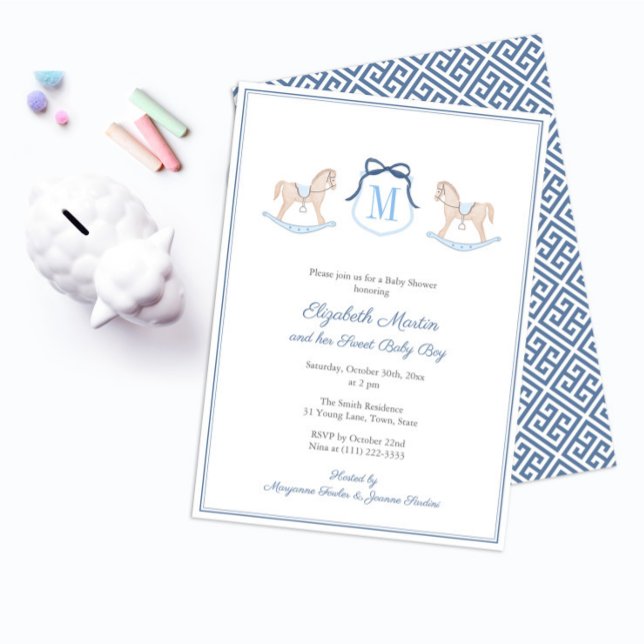 Convites Cavalo de Balanço com Monograma para Churrasco de  (Preppy Navy Blue And White Watercolor Wooden Rocking Horse Baby Shower Invitation for boy)