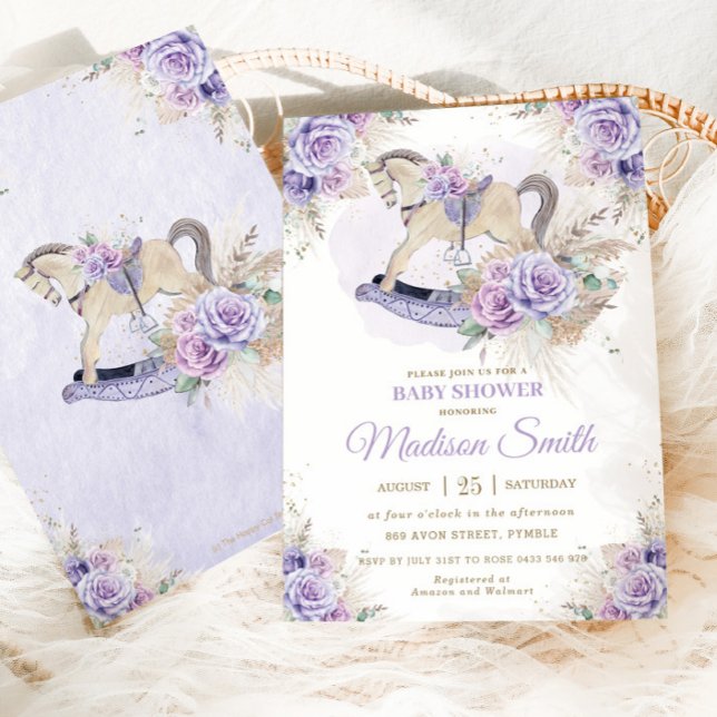 Convites Cavalo de Balanço Floral Roxo Boho Capim das Pampa (Criador carregado)
