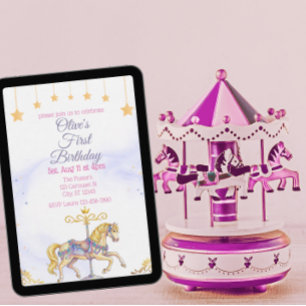 Convites Cavalo de Carrossel Aquarela Rosa Dourado Aniversá