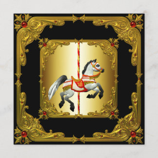 Convites Cavalo de Carrossel Preto e Dourado Elegante