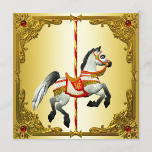 Convites Cavalo de Carrossel Vermelho e Dourado Festa de An