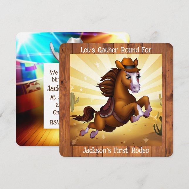 Convites Cavalo de Cowboy Cujo Primeiro Aniversário Rodeo (Frente/Verso)