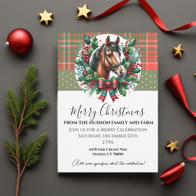 Convites Cavalo de Natal com Xadrez e Grinalda  (Enjoy this Festive Christmas design! Customize with your favorite holiday event or greeting. )