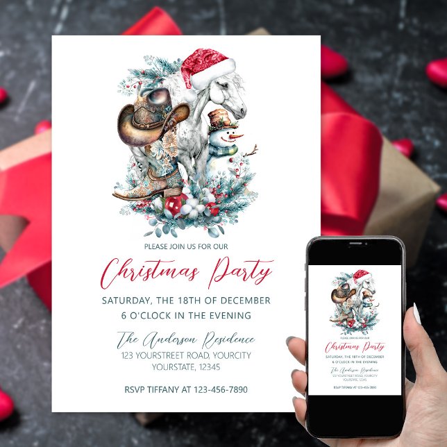 Convites Cavalo de Natal em chapéu de Papai Noel botas de v (Horse cowgirl cowboy themed Christmas party invitation, horse lover Christmas, equestrian.)