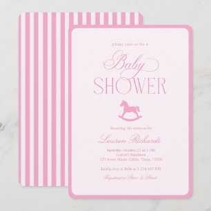Convites Cavalo de Pau Vintage Listra Rosa Chá de Bebê Meni