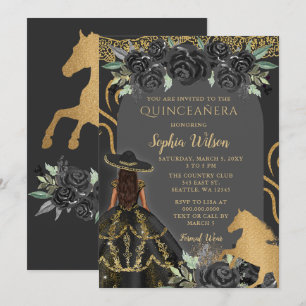 Convites Cavalo Dourado Negro Charra Floral Charra Quinceañ